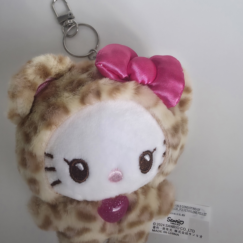 Leopard Print Plush Keychain with Pink Bow